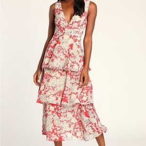 Lulu’s Tier Comes the Sun Red Floral Print Tiered Midi Dress